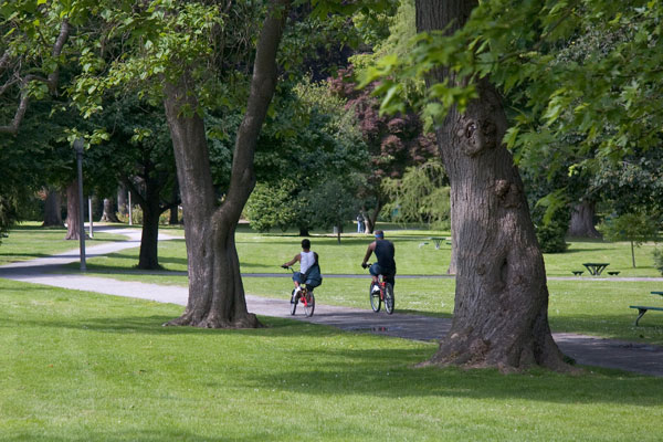 two people riding bikes in Wright Park