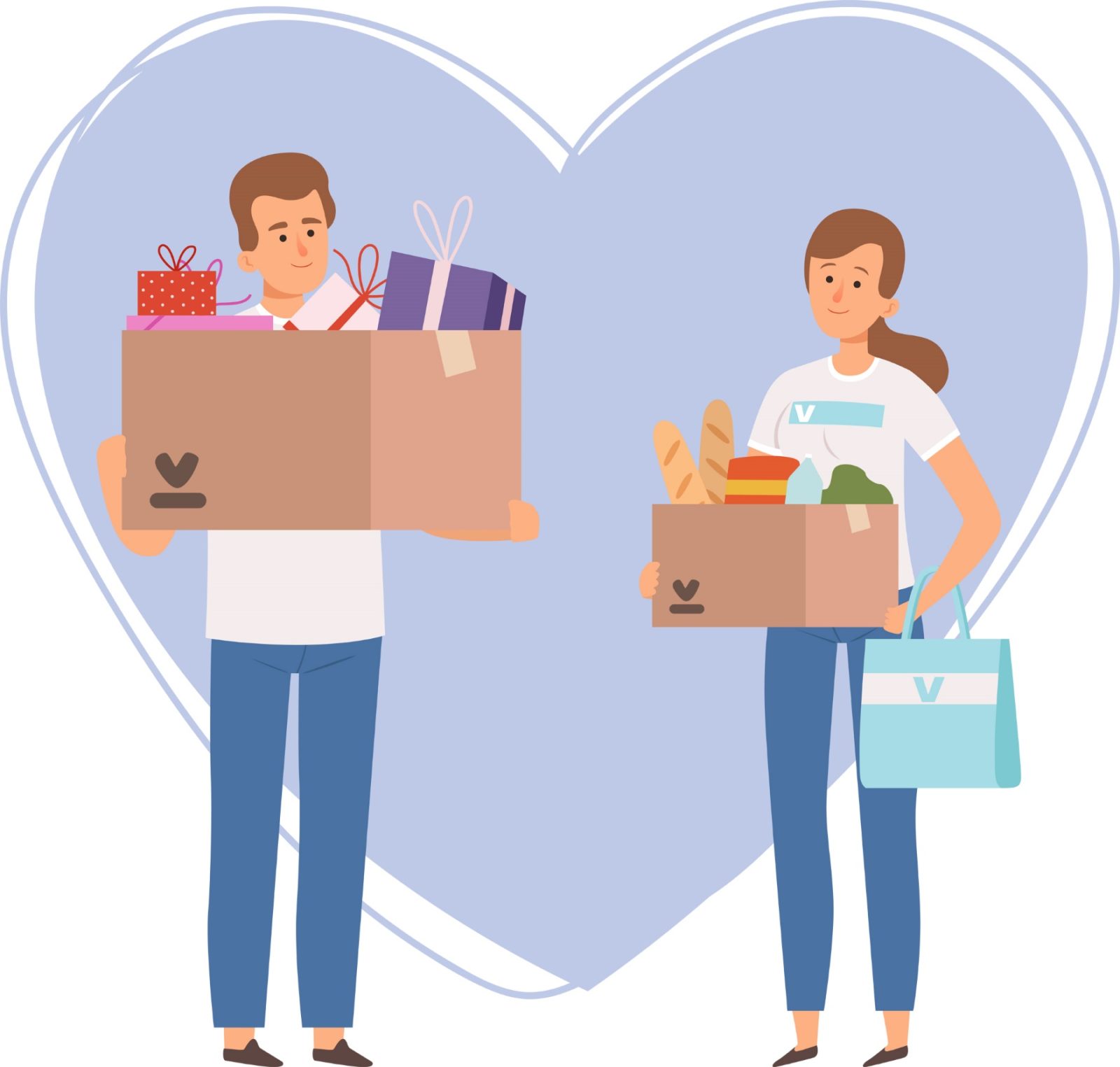 Graphic of two people standing with donations in front of heart