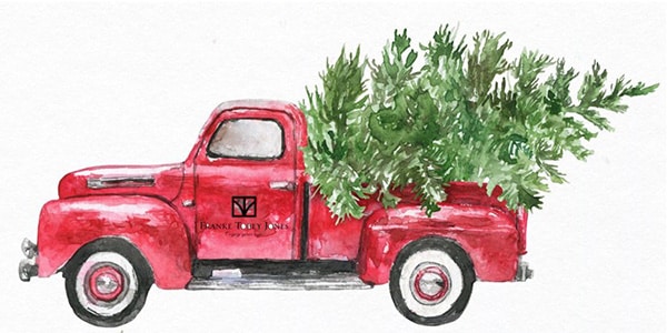 illustration of old pickup truck with a christmas tree in the back