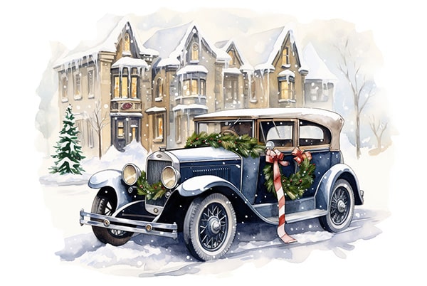 painting of classic car in front of building