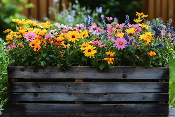raised bed with colorful flowers