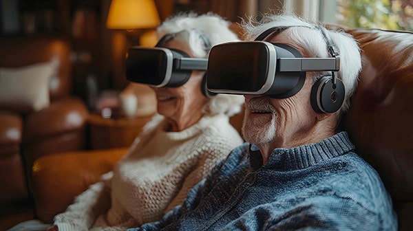 senior couple using VR headsets
