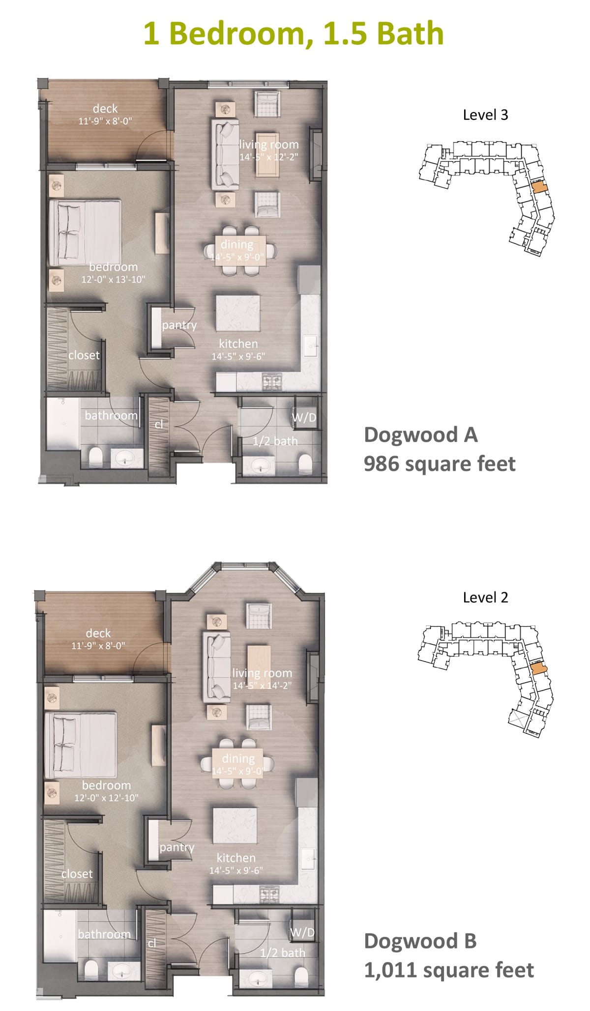 1 Bedroom, 1.5 Bath floor plans