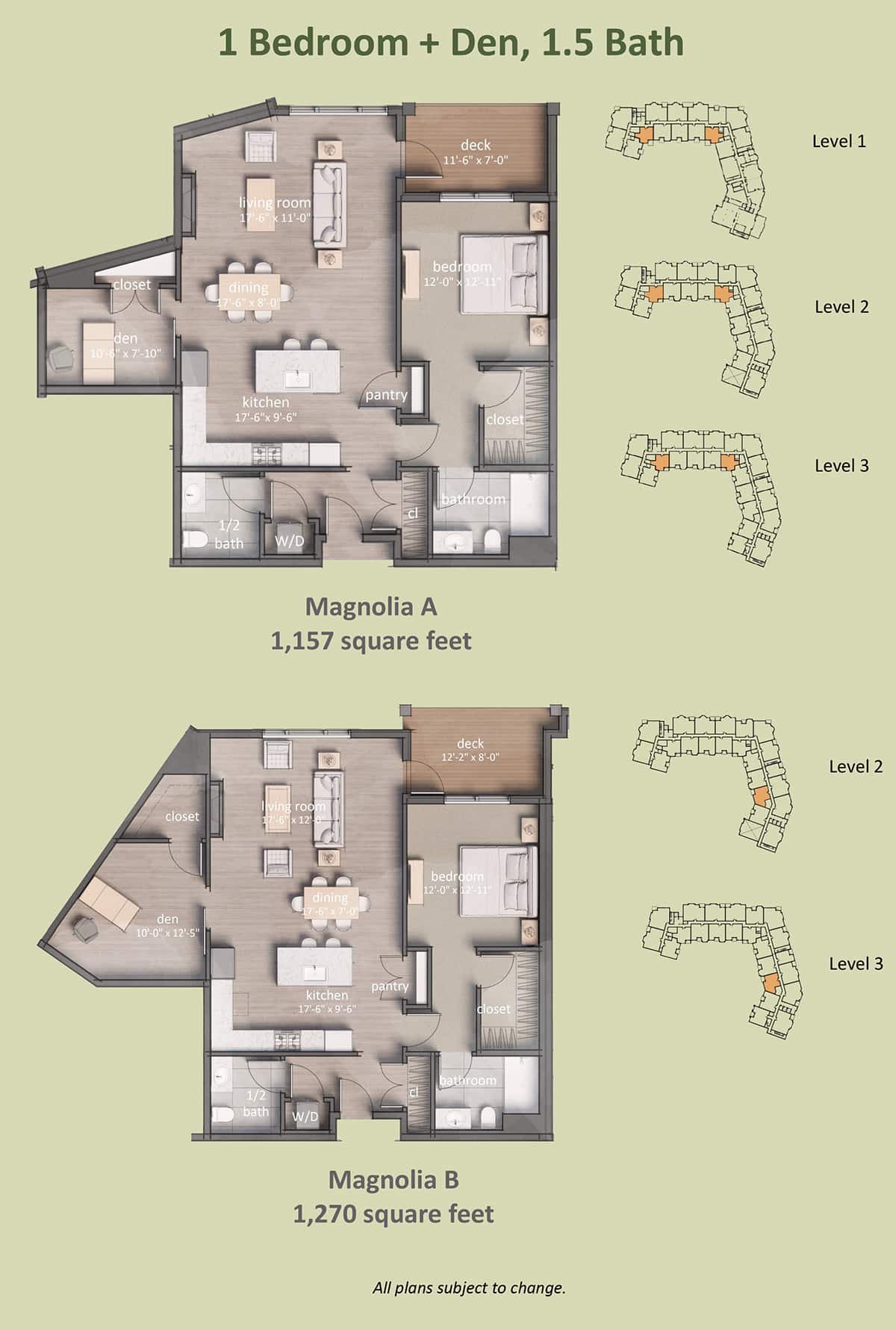 1 Bedroom + Den, 1.5 Bath floor plans