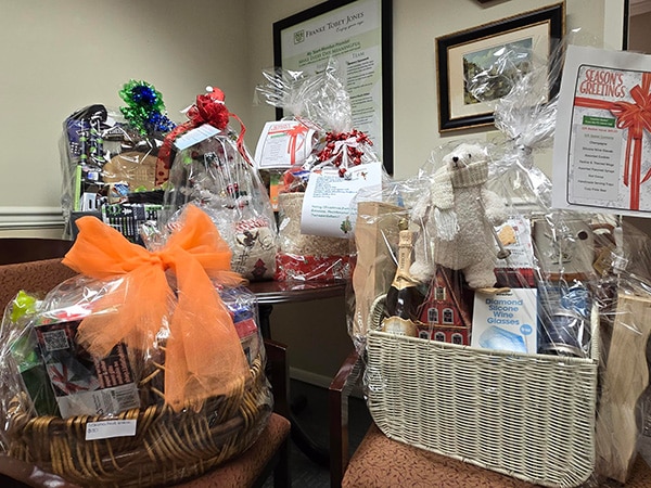 room full of large gift baskets