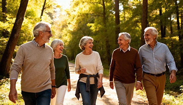 group of older adults walking in a forest