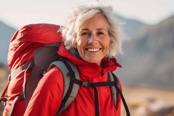 smiling senior woman backpacking