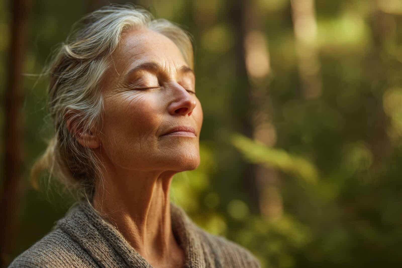 senior woman soaking in the sun while in a forest