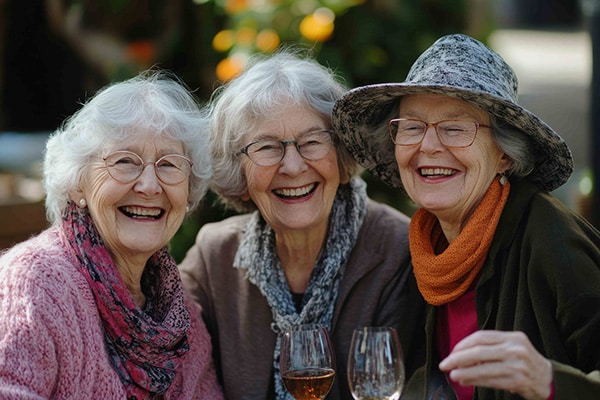 three senior women friends smiling at the camera