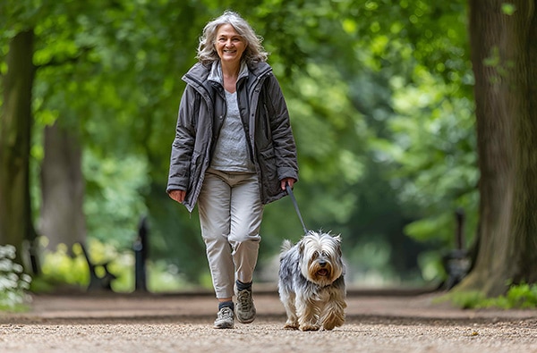senior woman walking her dog in a park