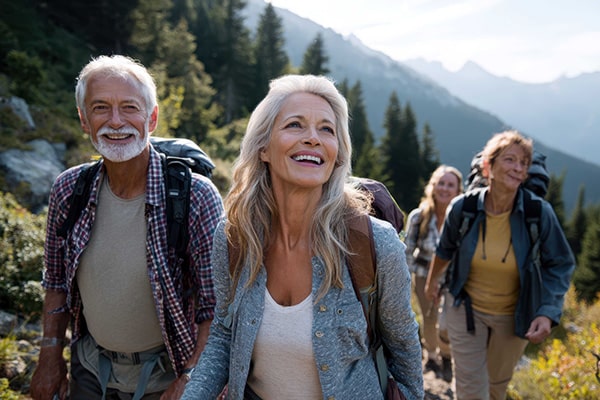 group of seniors hiking in the mountains