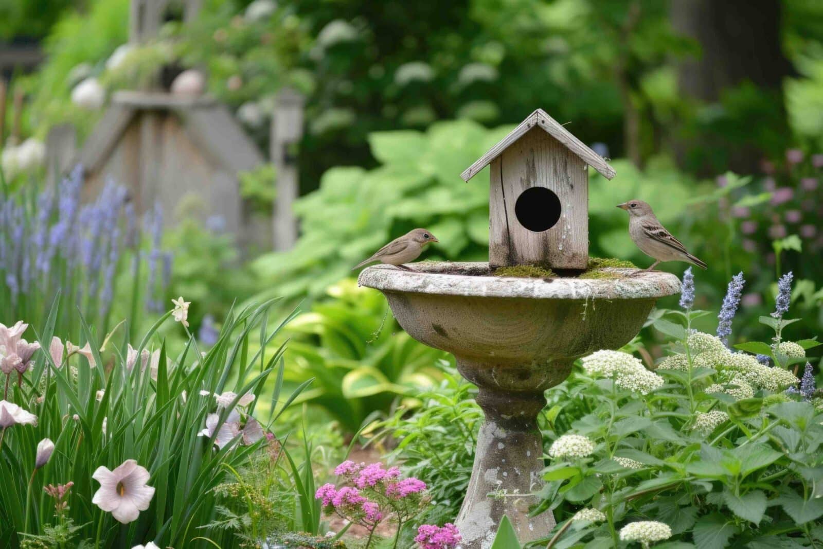 close up of bird bath surrounded by green garden