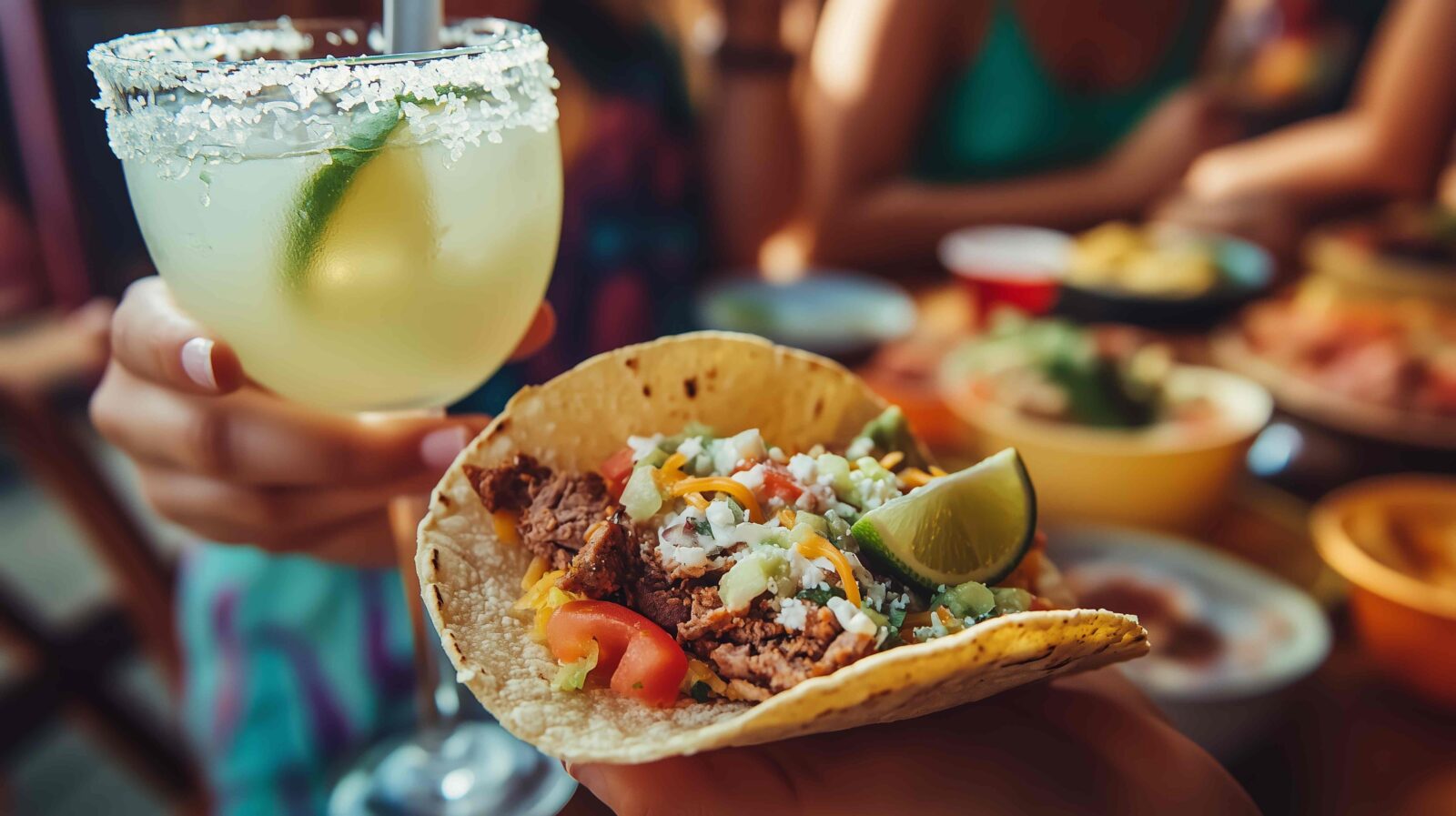 close up of tacos and margarita