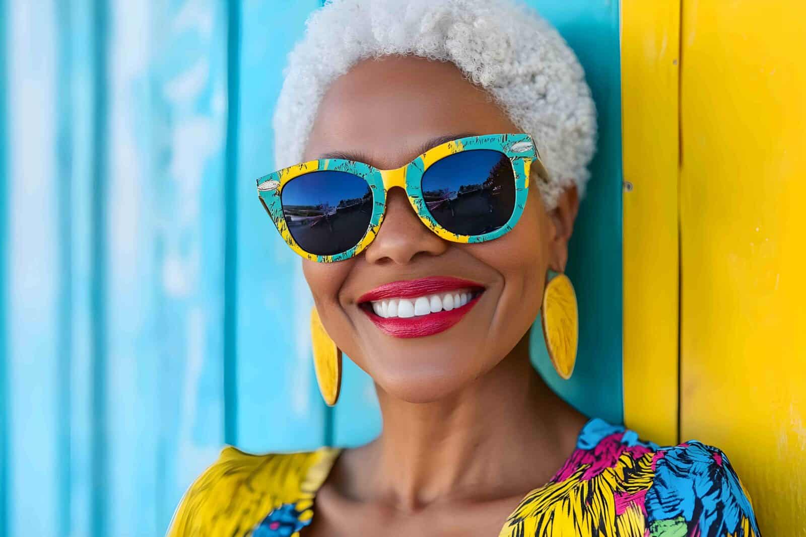 close up of smiling senior woman wearing colorful sunglasses