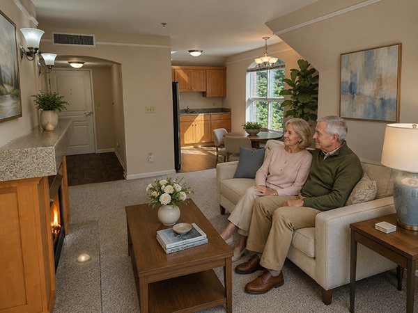 senior couple sitting and watching tv in their apartment