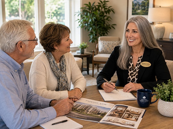 senior couple working with a staff member to plan for their future