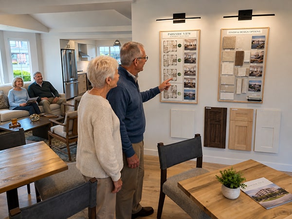 senior couple looking at Parkside View floorplans