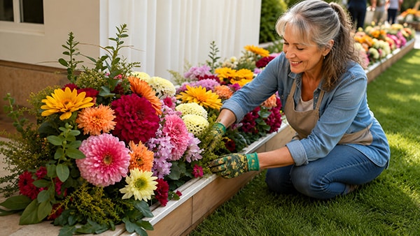 senior woman planting dahlias